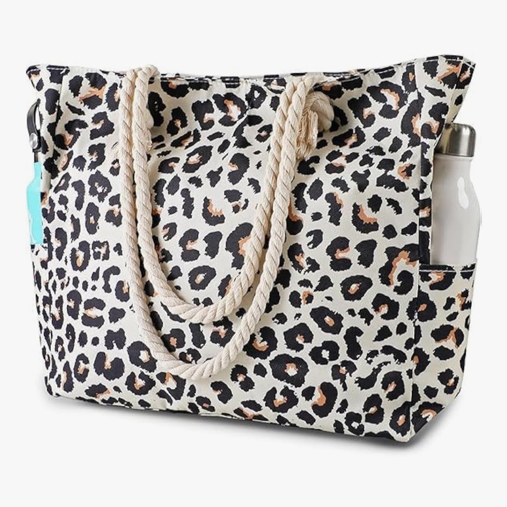 🆕 Leopard Print Rope-Handle Tote Bag - Cream/Black